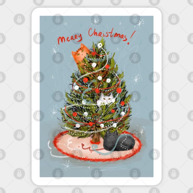 Merry Christmas greeting winter card with cute fluffy cats in red Santa hats and scarves. Sticker by Olena Tyshchenko